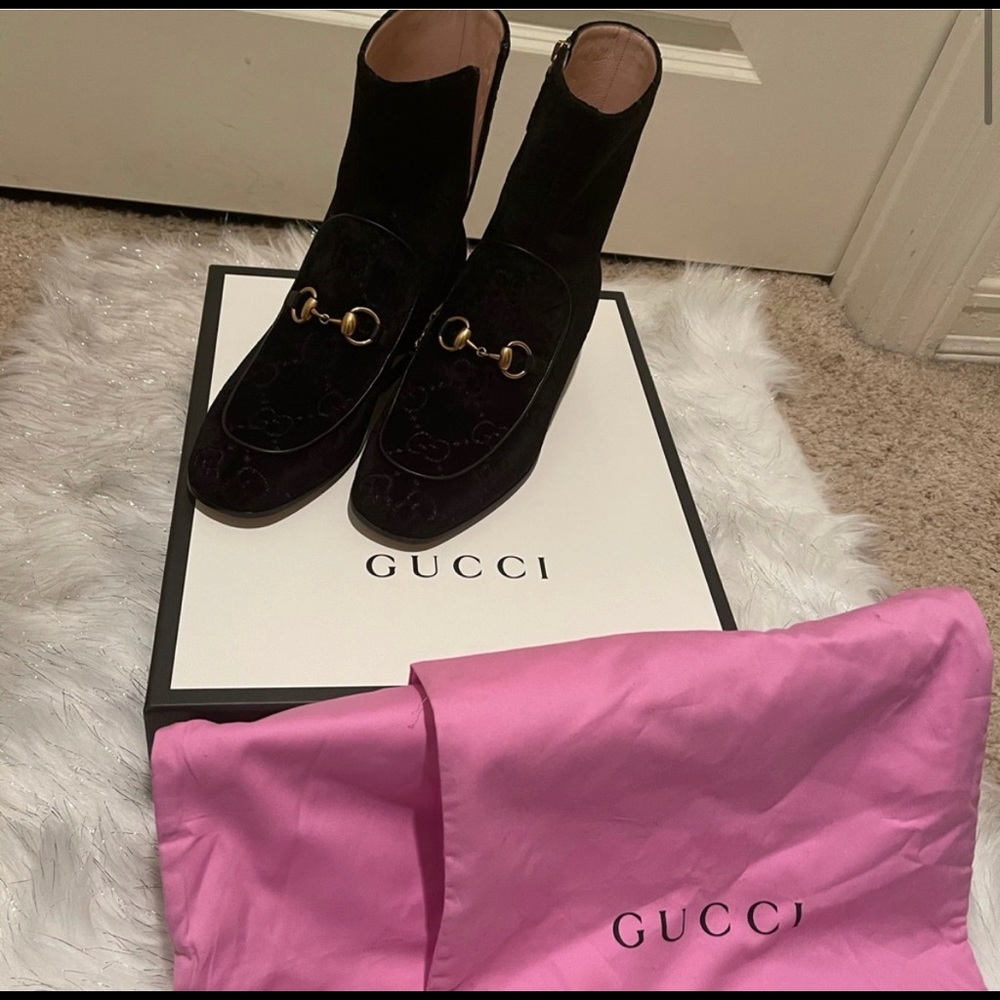 Gucci velvet gg monogram crystal horsebit ankle boots sz 37 black - Picture 4 of 8